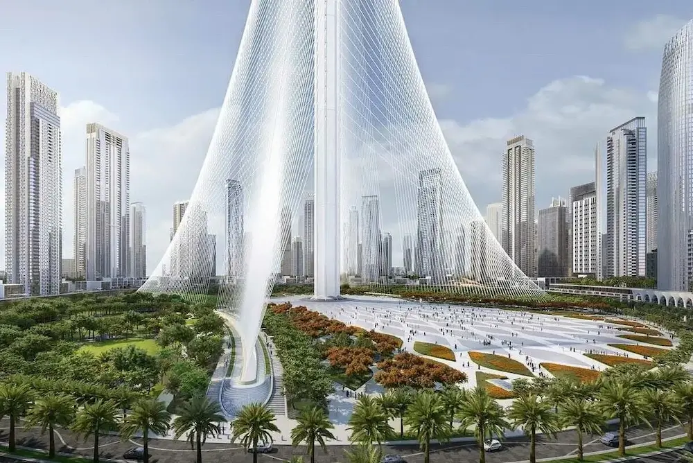 bas de la Dubaï Creek Tower : parc pour se promener
