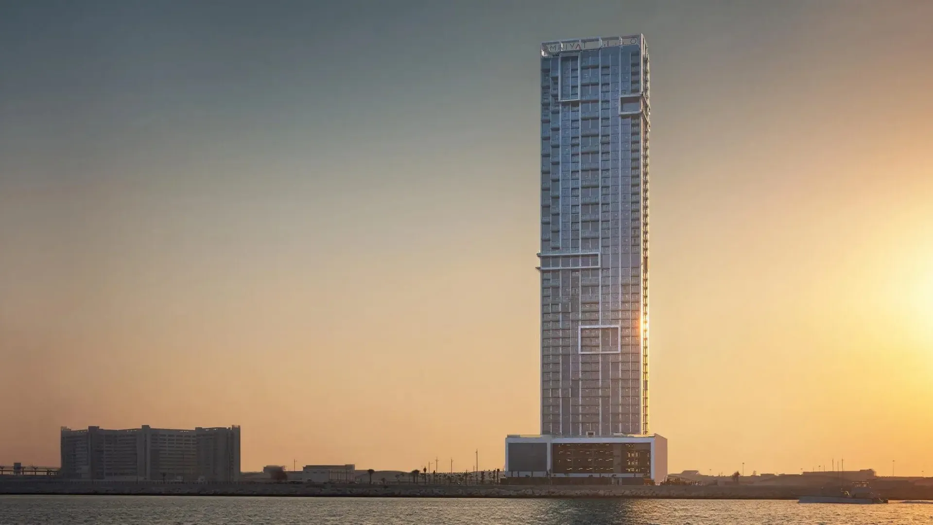 building au couché du soleil à Dubaï Maritime City