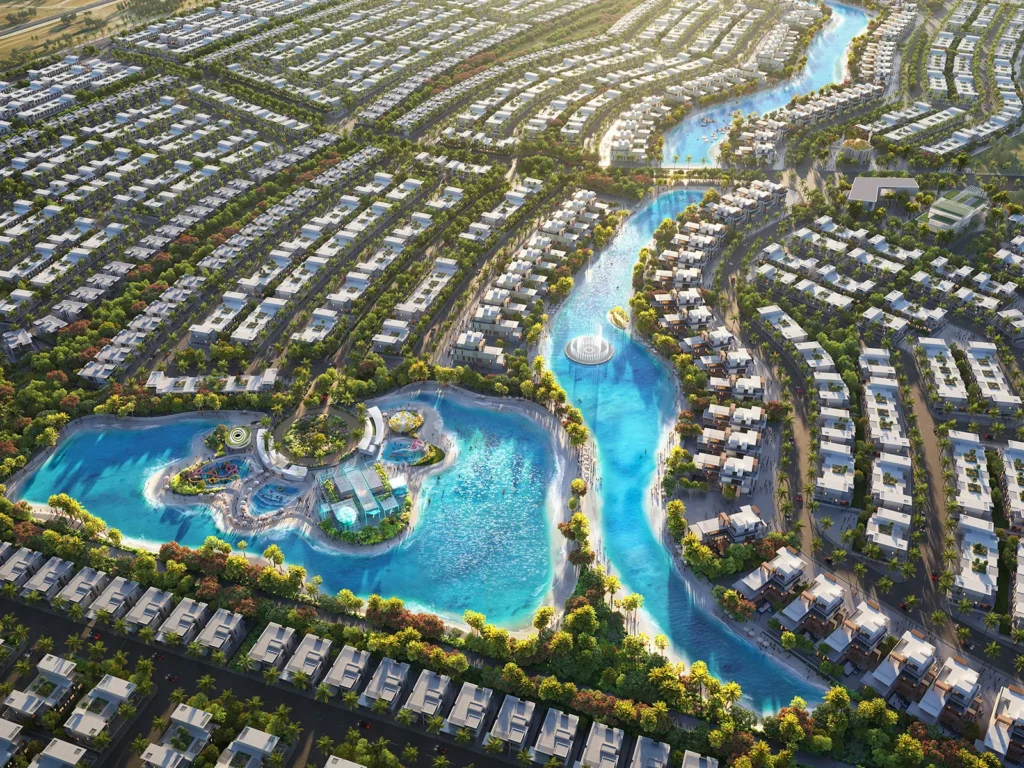Vue aérienne du master plan de DAMAC Islands, lagune et villas