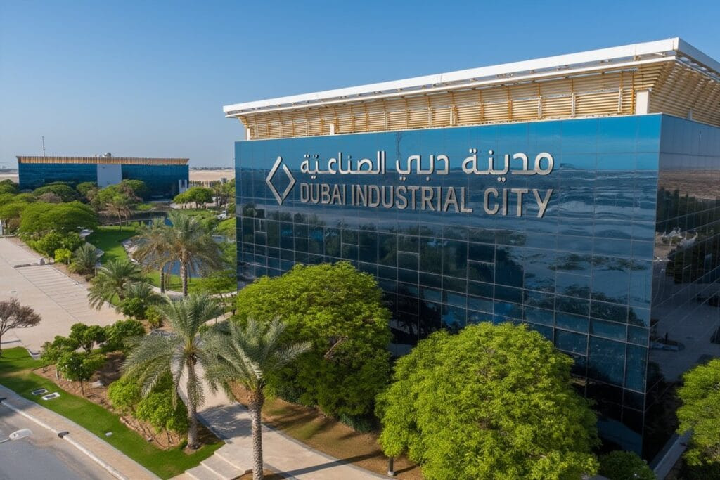 Entrée et bâtiment du siège de Dubai Industrial City à Dubaï