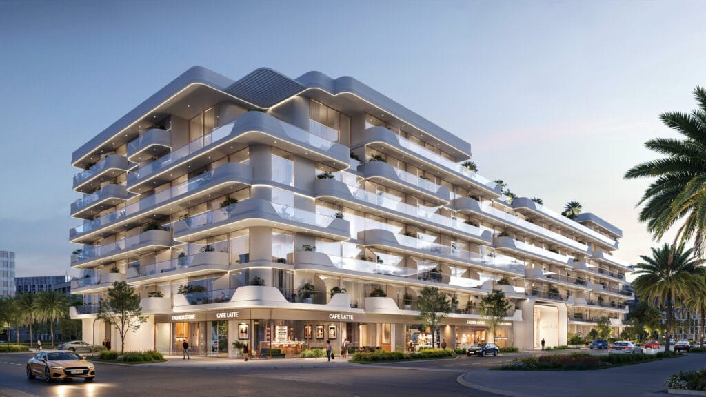 Façade illuminée d'Oxford Cove by Iman au crépuscule