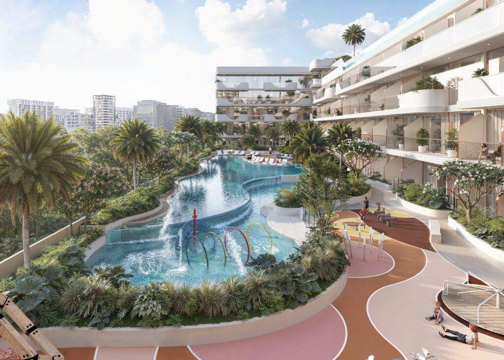 Vue aérienne de la piscine et du podium paysager d'Oxford Cove by Iman à Jumeirah Village Circle