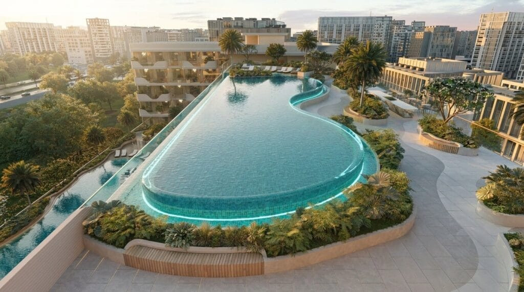 Piscine à débordement sur le toit d'Oxford Cove by Iman, vue aérienne