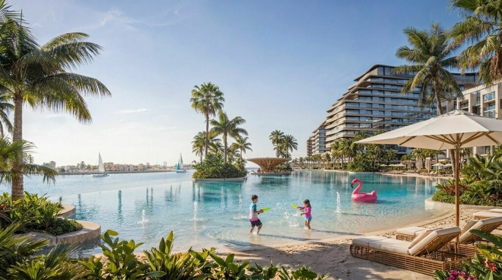 Les tours River Cove et leur piscine à Sobha City Abu Dhabi