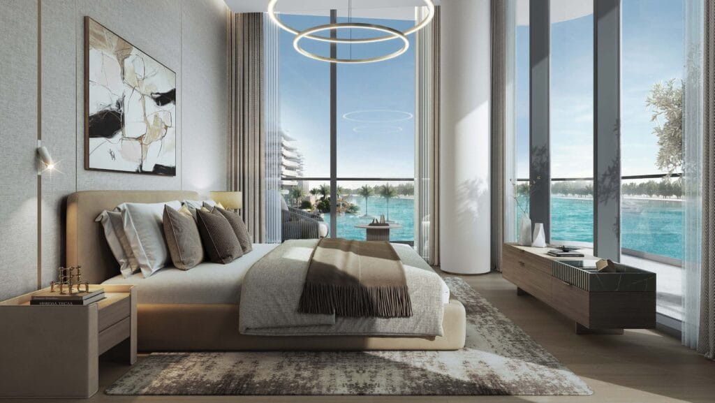 Séjour d'un appartement River Cove avec vue sur le canal à Sobha City Abu Dhabi