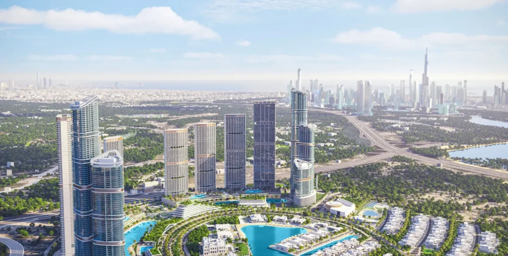 Sobha Hartland 2 en journée : tours et front d'eau vers Downtown Dubaï