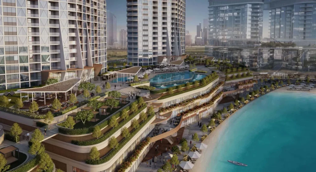Espace piscine et jardins paysagers à Sobha Hartland 2