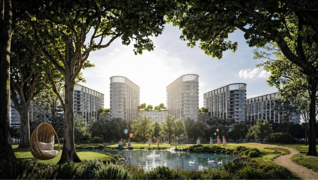 Coulée verte et plan d'eau central de Sobha Sanctuary