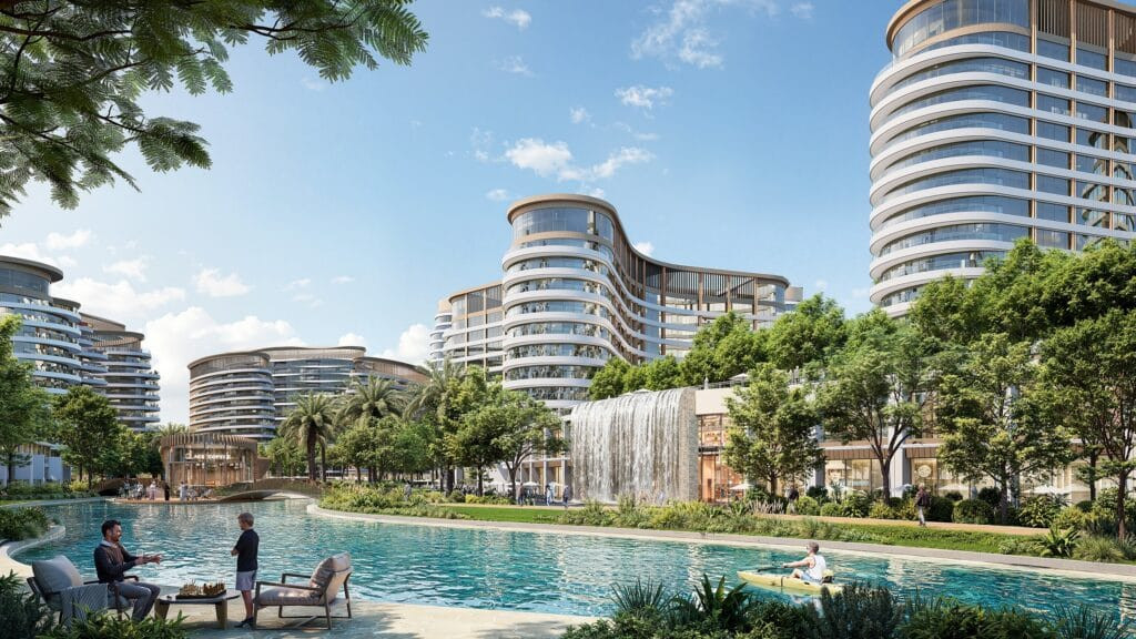 La lagune de baignade de Sobha Sanctuary bordée par les résidences, Dubailand