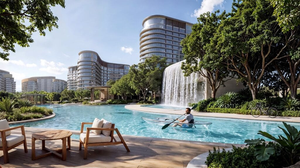 Espace piscine et cascade de Sobha Sanctuary