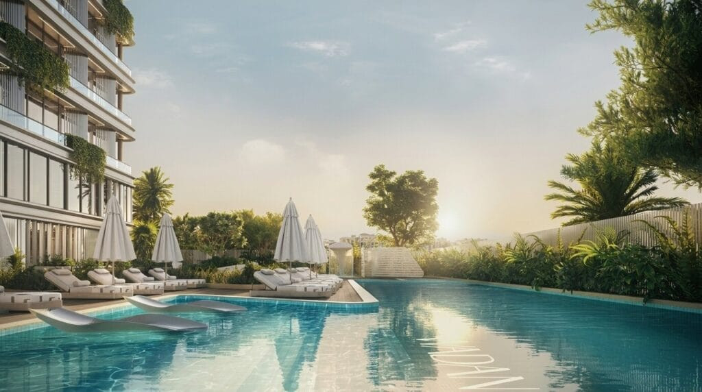 Piscine et terrasse au pied de la tour Tresora by Wadan à JVC