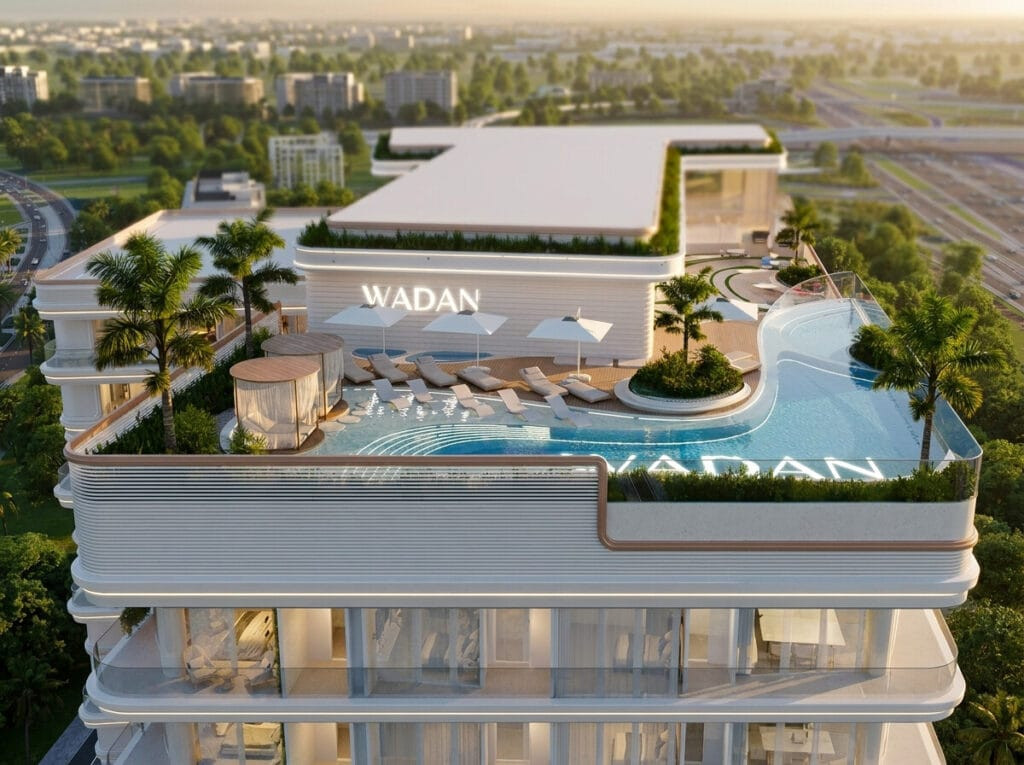 Piscine à débordement sur le toit de Weston by Wadan à Dubai Land Residence Complex