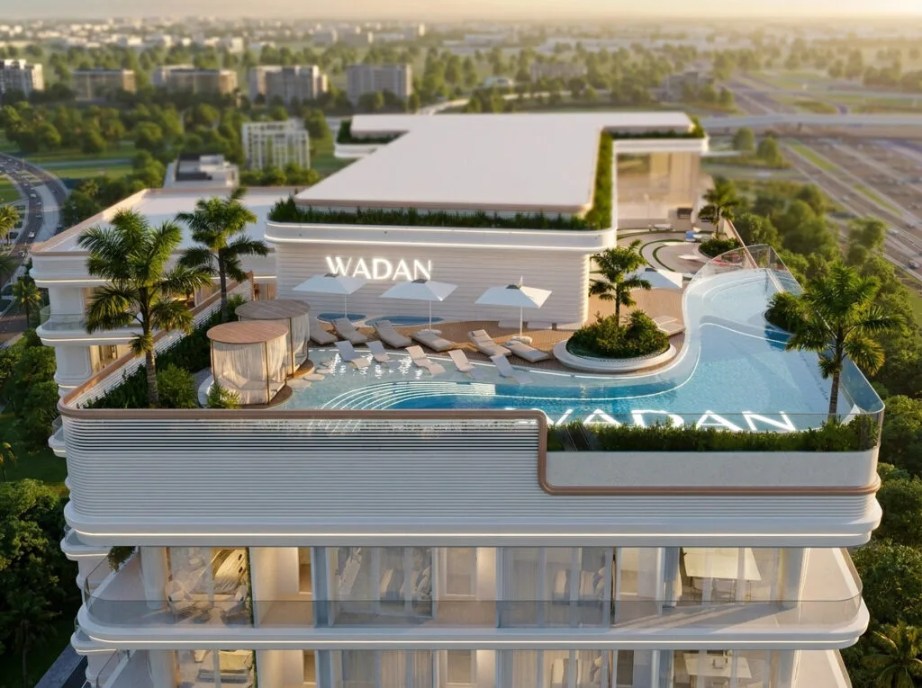 Piscine à débordement sur le toit de Weston by Wadan à Dubai Land Residence Complex