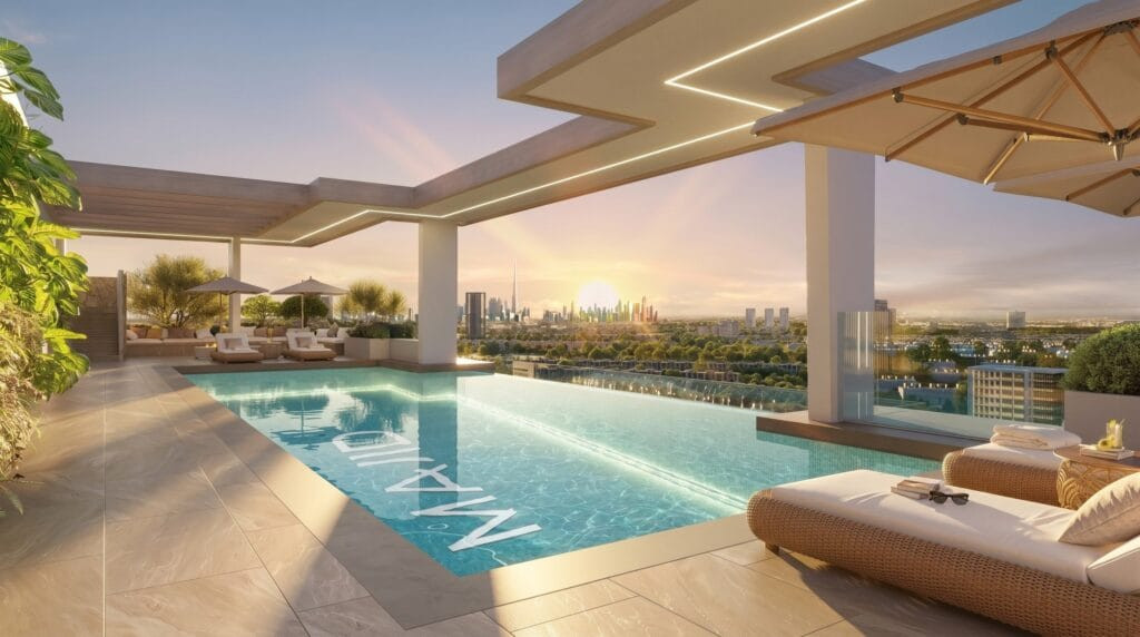 Piscine à débordement sur le toit d'Arlington Park 2 avec vue sur la skyline de Dubaï