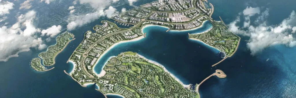 Vue aérienne du masterplan de Dubai Islands, ses plages et ses marinas