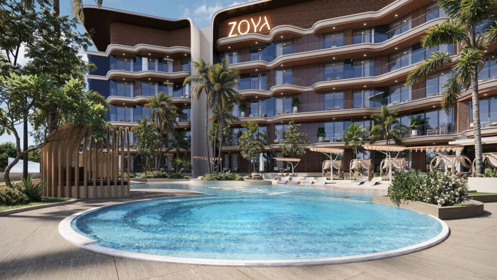 Piscine ronde devant la façade Zoya de Mirari Lagoon