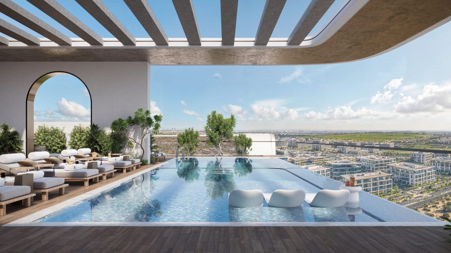 Piscine à débordement sur le rooftop de Mirari Lagoon, vue sur le sud de Dubaï