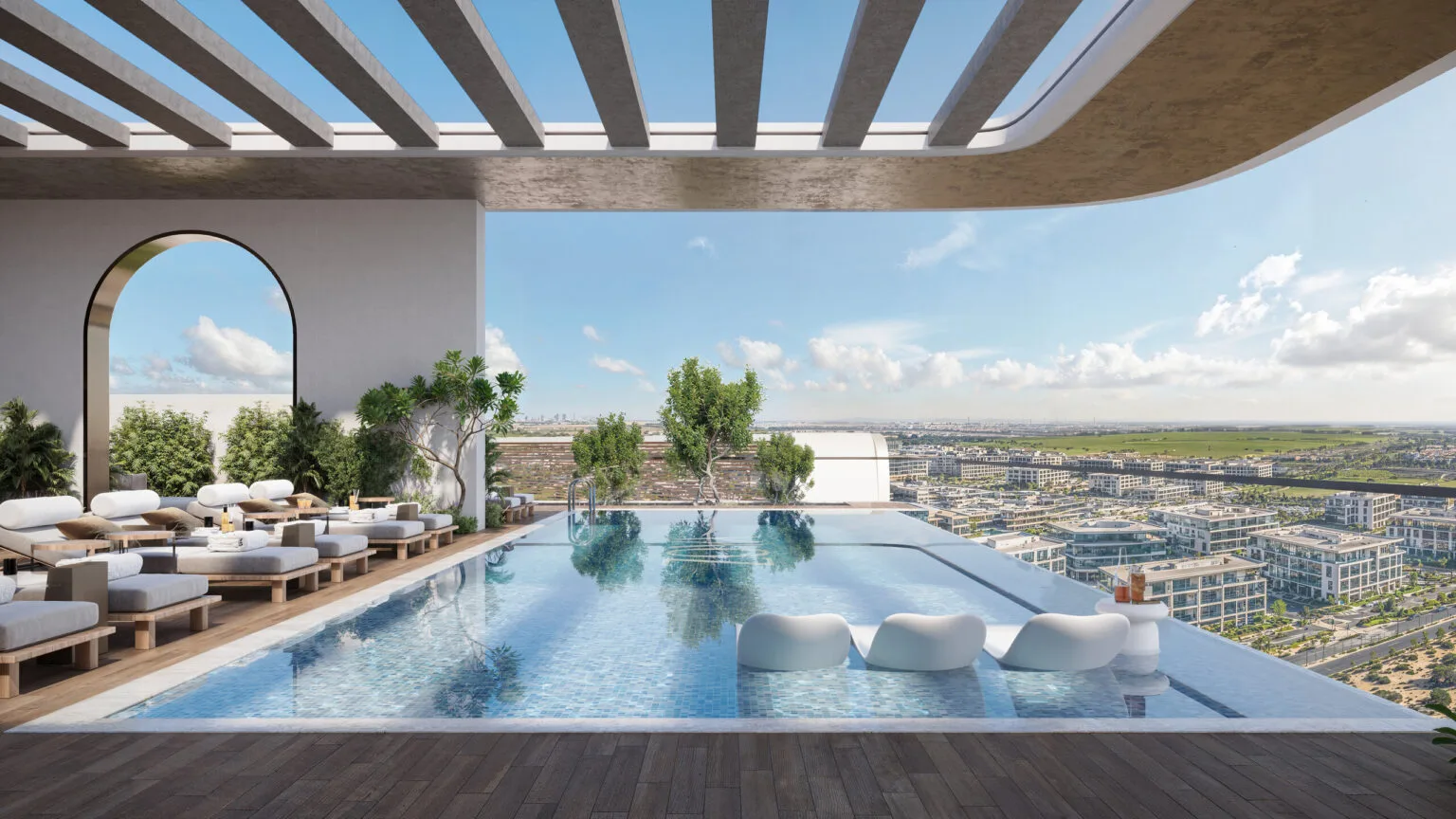 Piscine à débordement sur le rooftop de Mirari Lagoon, vue sur le sud de Dubaï