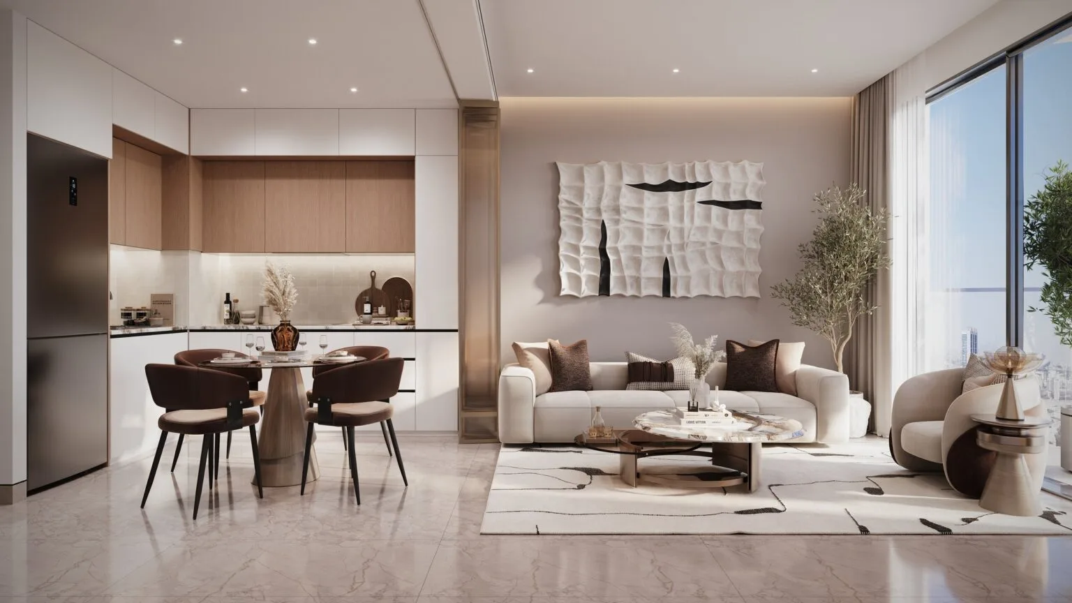 Séjour meublé d'un appartement de Mirari Lagoon, cuisine ouverte et salon