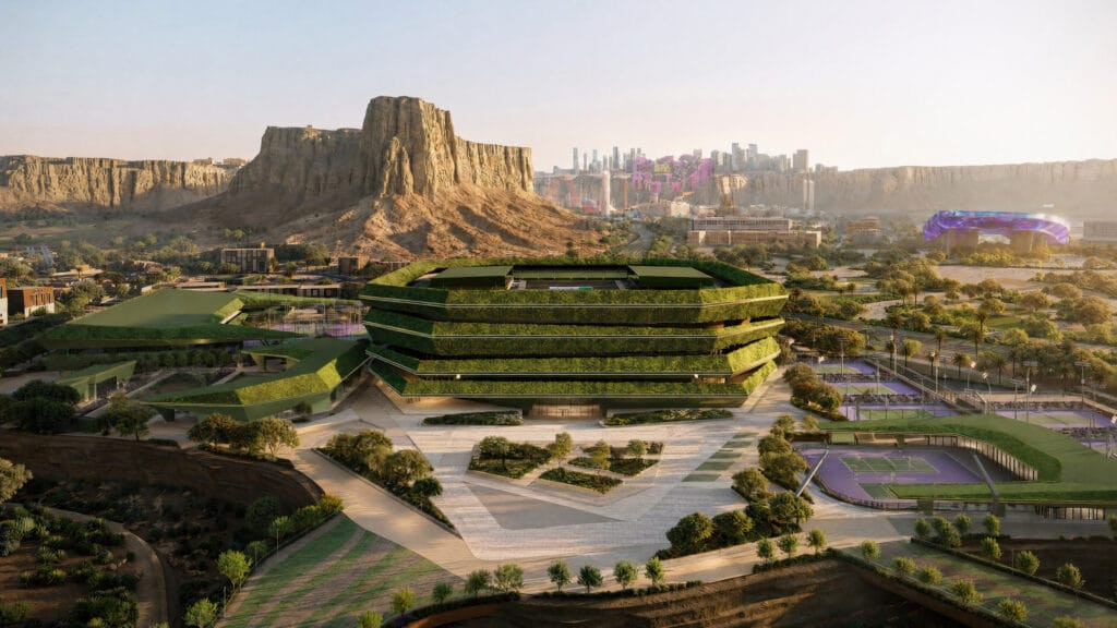 Vue aérienne de Qiddiya City et de l'escarpement du Tuwaiq, au sud-ouest de Riyad