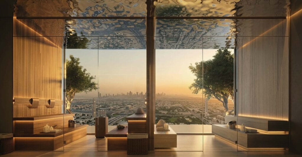 Sauna vitré du Sky Club de The Wow face à la skyline de Dubaï