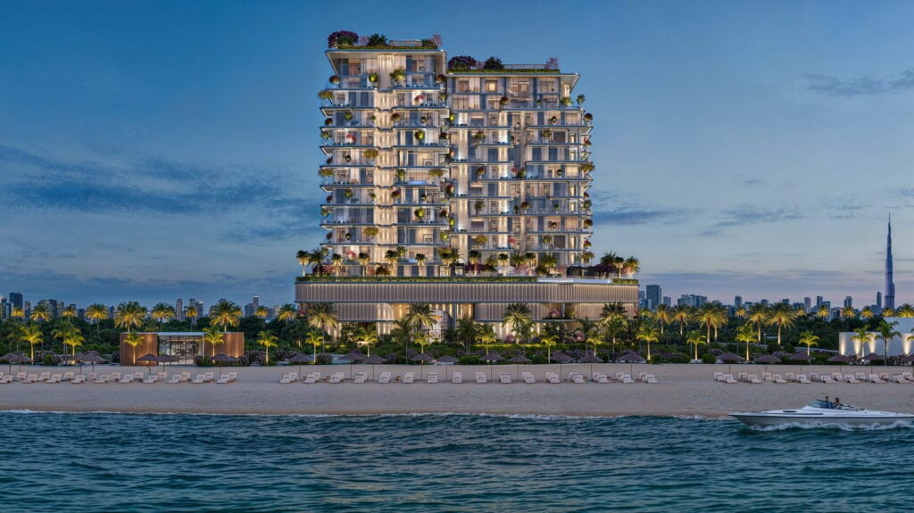 Façade de Villa del Divos en première ligne de mer à Dubai Islands, plage et skyline de Dubaï en arrière-plan