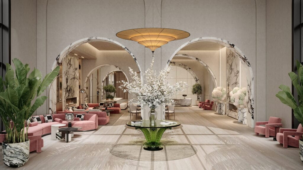 Tea room du lobby de Villa del Divos, arches de marbre et mobilier rose poudré