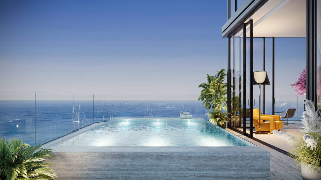Piscine à débordement privée d'une suite Villa del Divos face à la mer