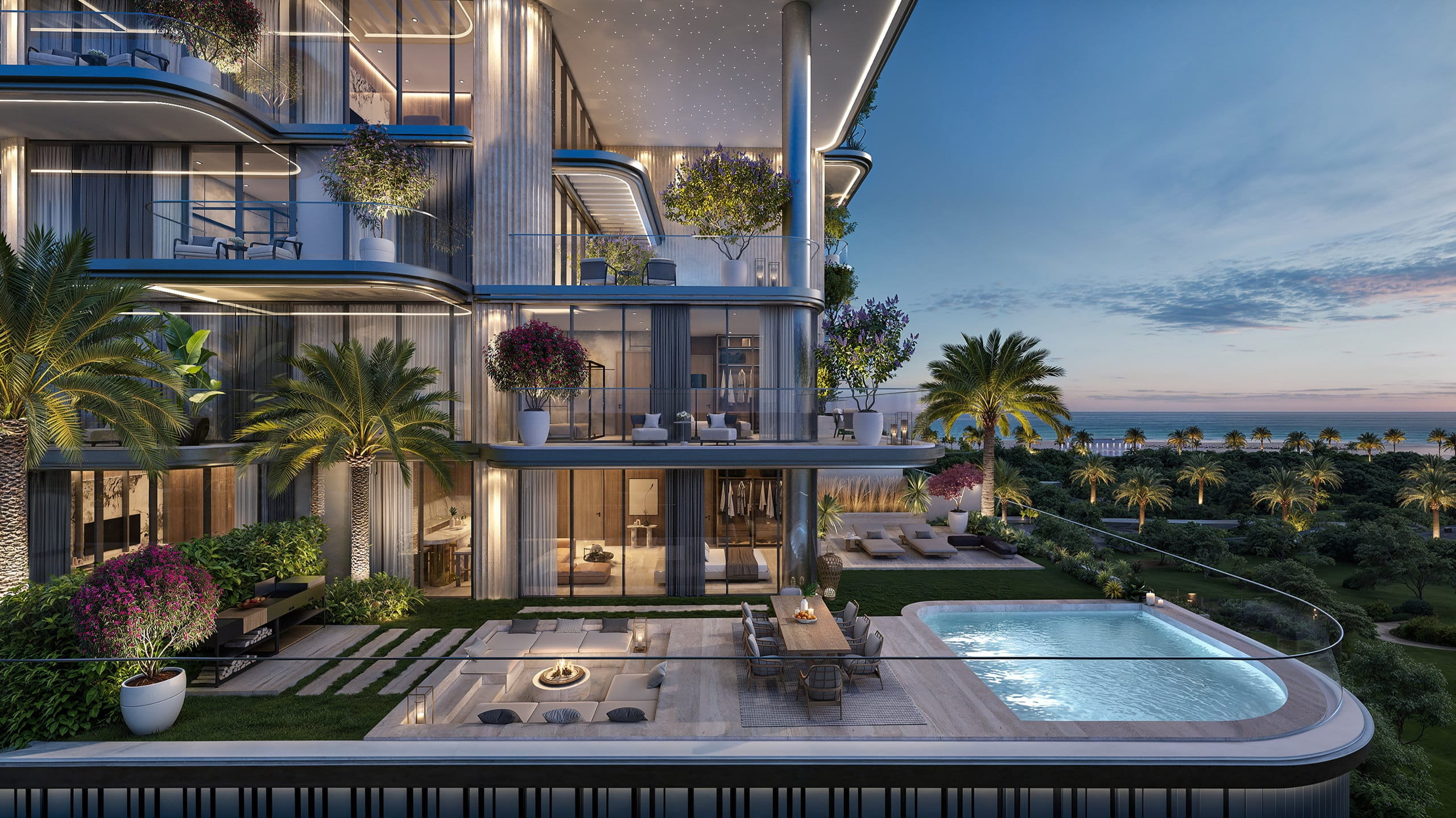 Terrasse vue mer à Dubaï au crépuscule, la sérénité d'un investissement bien préparé