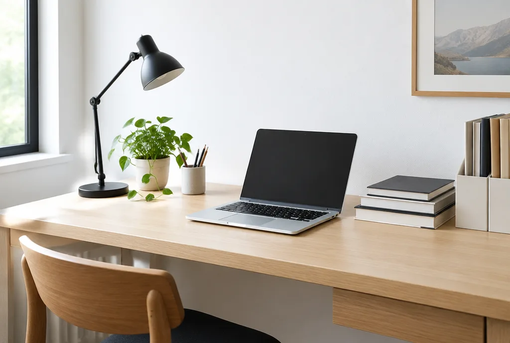ordinateur et papiers posés sur un bureau en bois sur un fond blanc